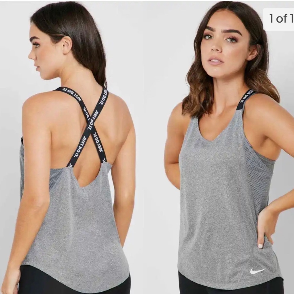 Nike Dri-Fit Gray Elastika Cross Over Logo Strap Tank Top - Size Large